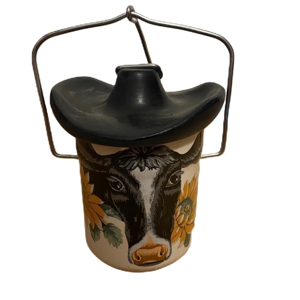 Vintage G. Jewen Cowboy Crock Cheese Hat Sunflowers Yellow Black Ceramic